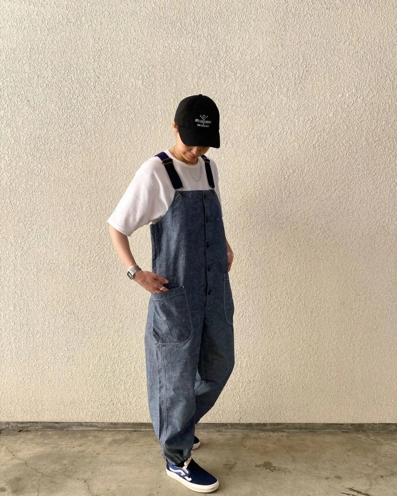 夏らしいマリンテイストのシャンブレー デッキオーバーオール | BLUE